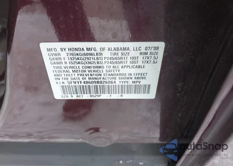2009 Honda Pilot Ex-L from USA, damaged, VIN 5FNYF48609B026064